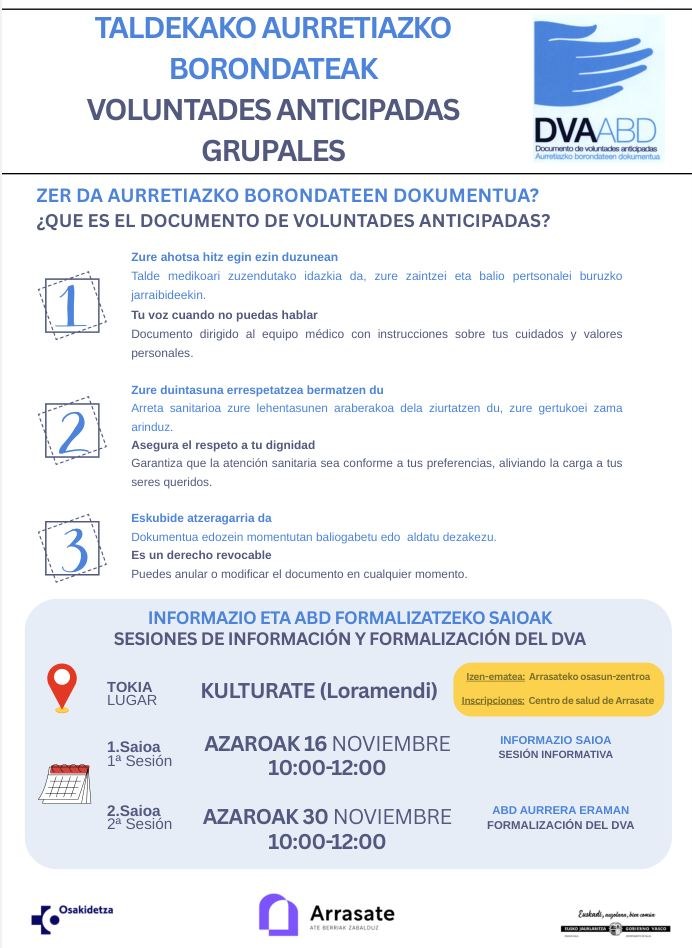 Arrasate acogerá en noviembre sesiones informativas y de formalización del documento de voluntades anticipadas