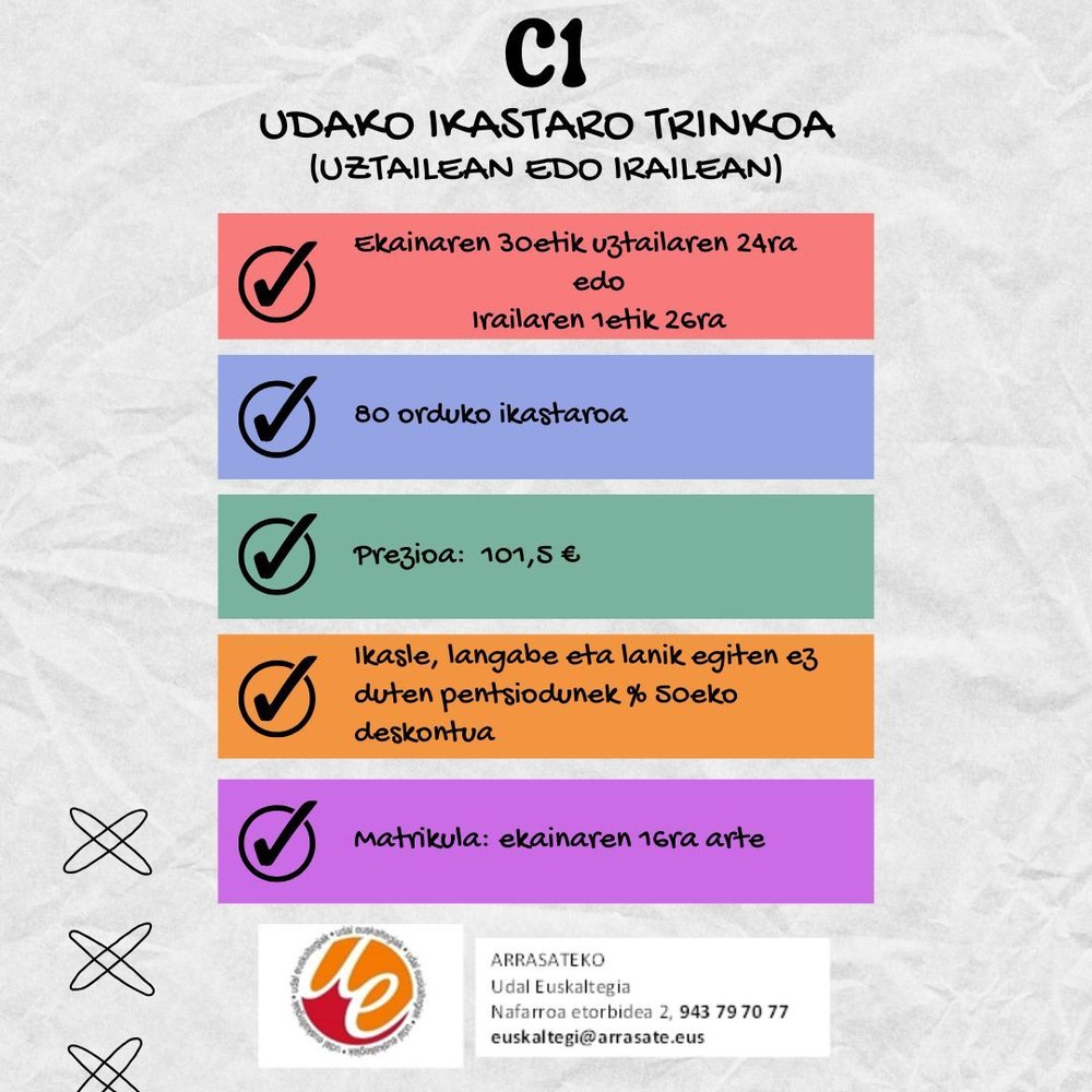 Curso intensivo de verano de nivel C1 de euskera en el Euskaltegi Municipal de Arrasate