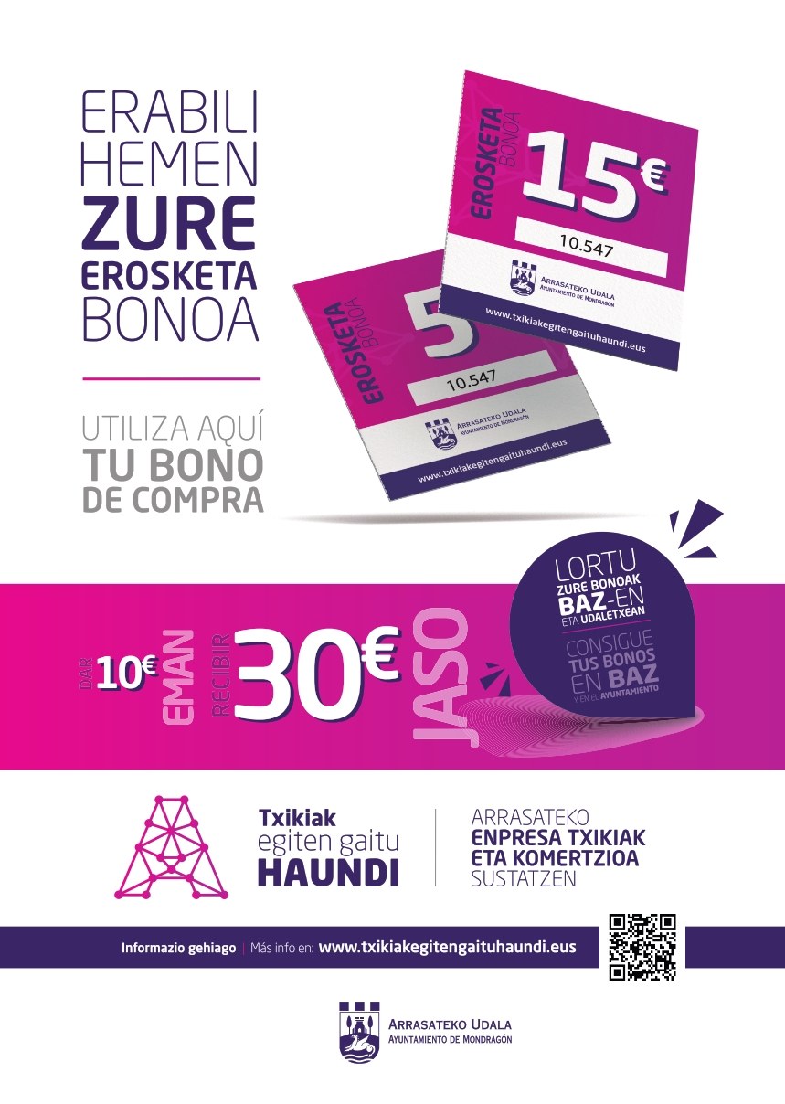 El Ayuntamiento de Arrasate, dentro de la campaña 'Txikiak egiten gaitu Haundi', lanza 15.000 bonos con un impacto directo de 450.000 euros para estimular el consumo local
