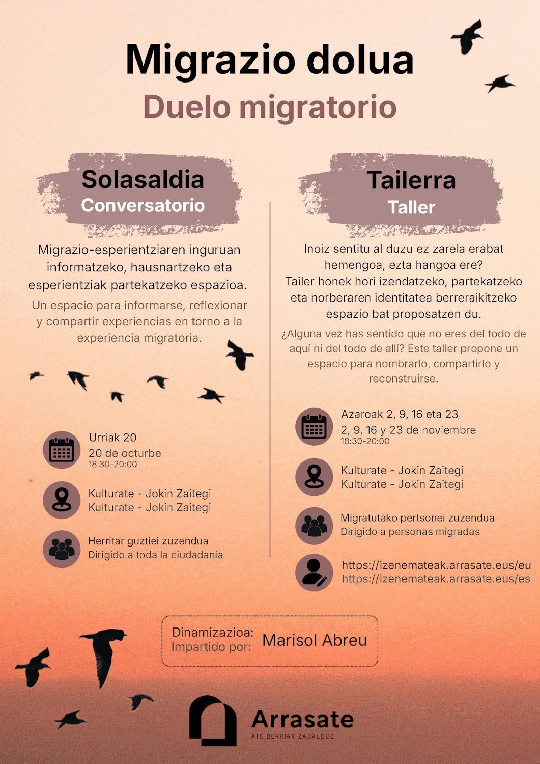 El Ayuntamiento de Arrasate organiza en Kulturate una charla sobre la experiencia migratoria y un taller de cuatro sesiones
