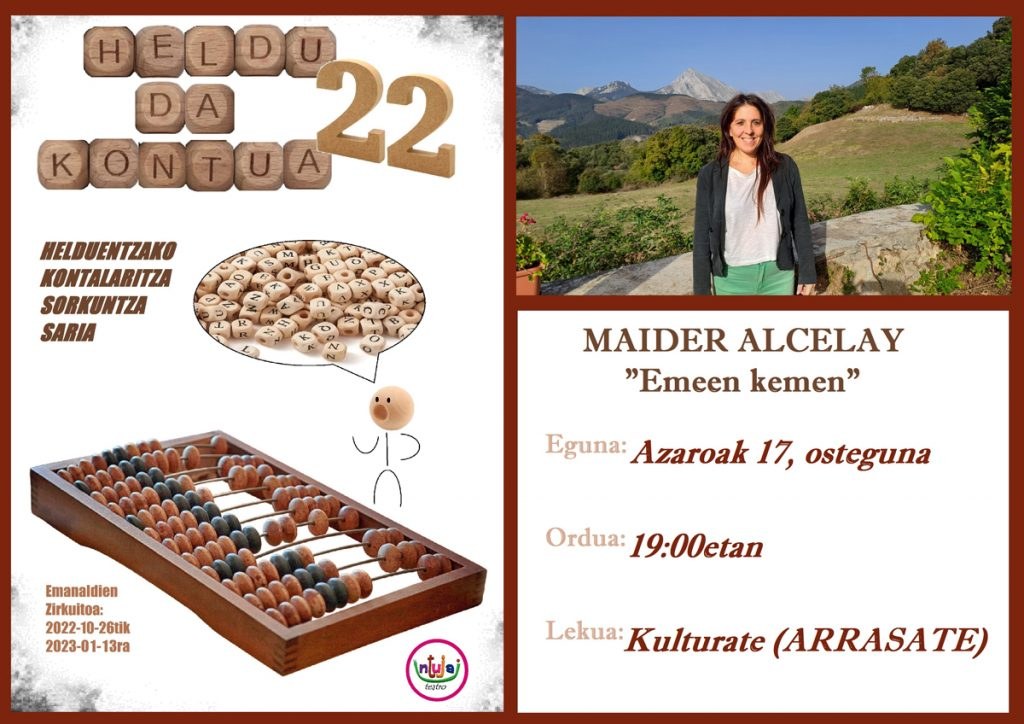 El circuito de narradores vascos para adultos 'Heldu da kontua' premia a Maider Alcelay que ofrecerá una sesión de narraciones orales el 17 de noviembre en Arrasate