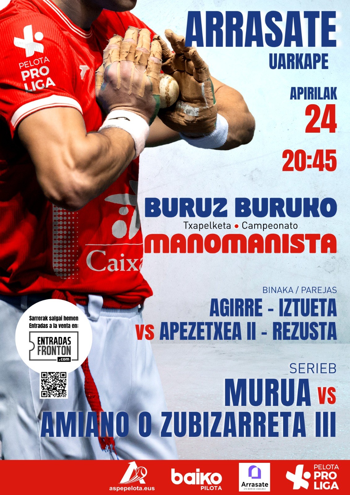 El frontón Uarkape de Arrasate acogerá un gran festival del Campeonato Manomanista este viernes, 24 de abril.