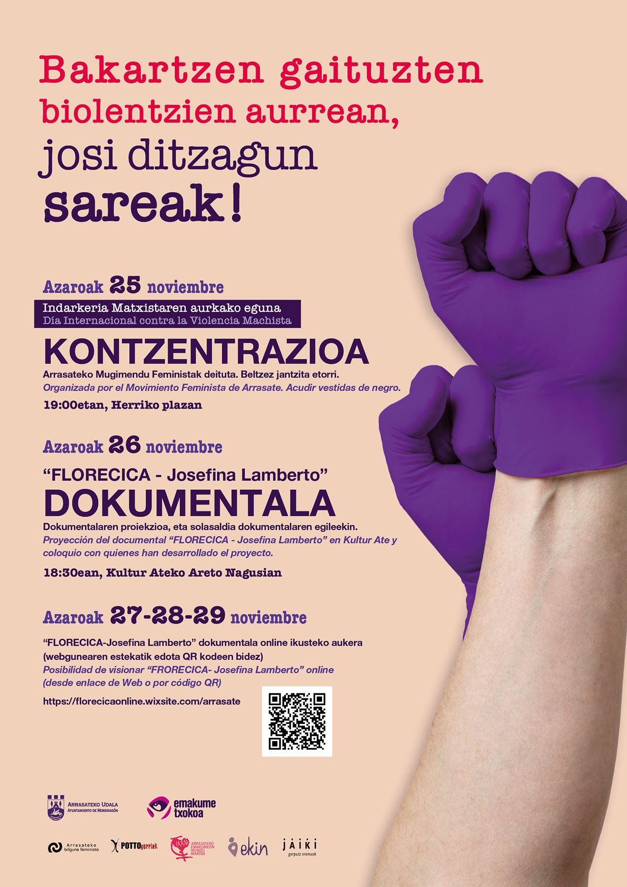 El servicio Emakume Txokoa del Ayuntamiento de Arrasate organiza diversos actos con motivo del Día Contra la Violencia Machista
