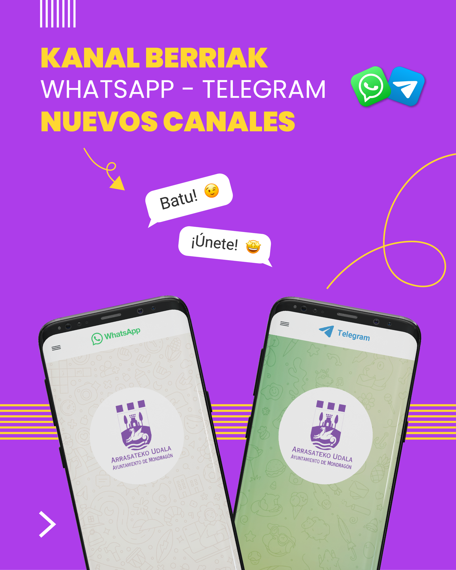 Albisteak jasotzeko WhatsApp eta Telegram kanal berriak ireki ditu Arrasateko Udalak, “herritarrengandik gertuago egoteko”