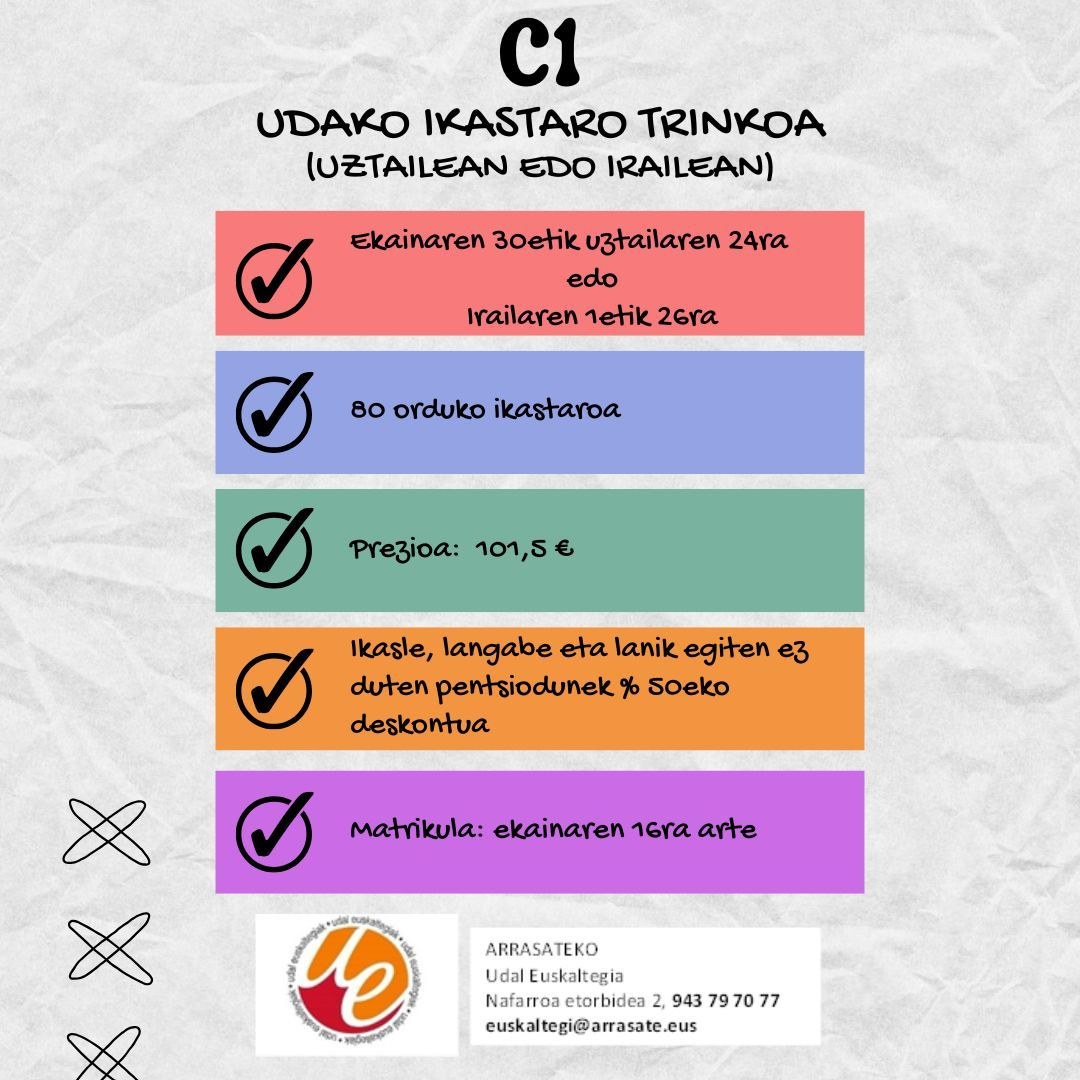 Euskarazko C1 mailako udako ikastaro trinkoa eskainiko du Arrasateko Udal Euskaltegiak