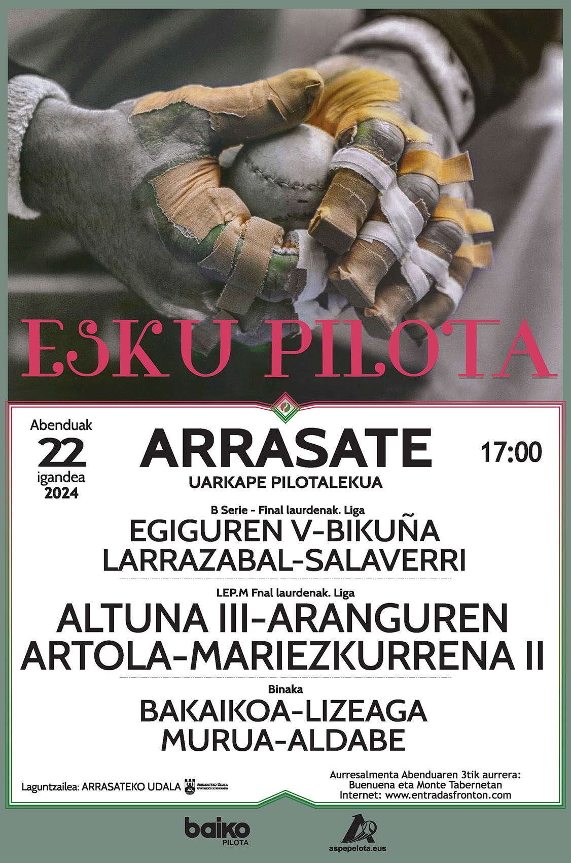Santamas eguneko esku pilota partidurako sarrerak asteartean jarriko dira salgai Buenuena eta Monte tabernetan